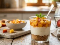 Un dessert al cucchiaio in un bicchiere trasparente stratificato con base di biscotti sbriciolati, yogurt greco cremoso e pesche nettarine a cubetti sciroppate a freddo con una foglia di menta, su un tavolo di legno rustico.