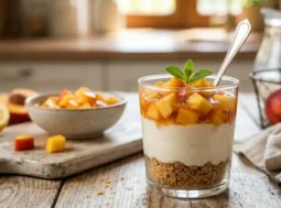 Un dessert al cucchiaio in un bicchiere trasparente stratificato con base di biscotti sbriciolati, yogurt greco cremoso e pesche nettarine a cubetti sciroppate a freddo con una foglia di menta, su un tavolo di legno rustico.