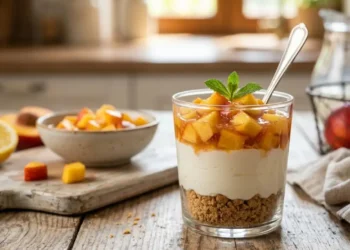 Un dessert al cucchiaio in un bicchiere trasparente stratificato con base di biscotti sbriciolati, yogurt greco cremoso e pesche nettarine a cubetti sciroppate a freddo con una foglia di menta, su un tavolo di legno rustico.