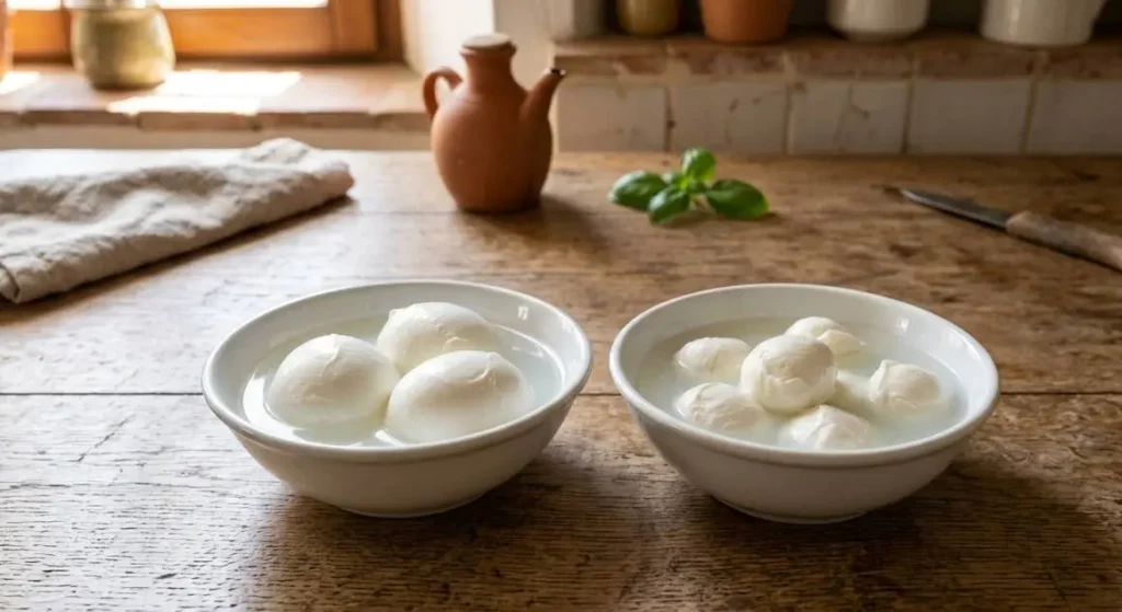 Due ciotole bianche con mozzarella di bufala fresca immerse nel loro siero su un tavolo di legno rustico per un confronto visivo.