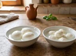 Due ciotole bianche con mozzarella di bufala fresca immerse nel loro siero su un tavolo di legno rustico per un confronto visivo.