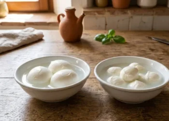 Confronto Mozzarella di Bufala DOP e non DOP Due ciotole bianche con mozzarella di bufala fresca immerse nel loro siero su un tavolo di legno rustico per un confronto visivo.