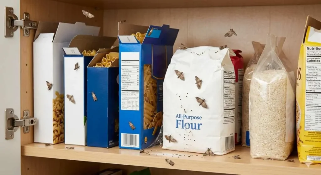 eliminare-farfalline-cibo-dispensa Infestazione di farfalline del cibo tra pacchi di farina e pasta aperti in una dispensa di legno, pronte per essere eliminate definitivamente.