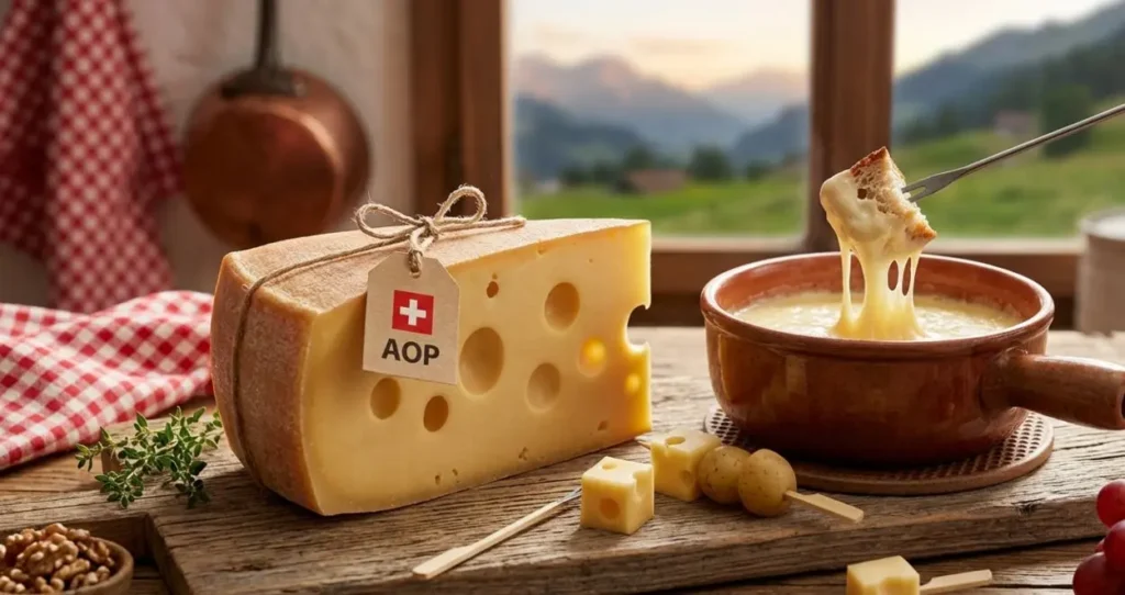 Fetta di formaggio Emmentaler AOP svizzero con buchi evidenti accanto a un pentolino di terracotta con fonduta filante su tavola in legno