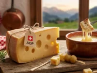 Fetta di formaggio Emmentaler AOP svizzero con buchi evidenti accanto a un pentolino di terracotta con fonduta filante su tavola in legno