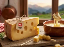 Emmentaler AOP e fonduta svizzera Fetta di formaggio Emmentaler AOP svizzero con buchi evidenti accanto a un pentolino di terracotta con fonduta filante su tavola in legno