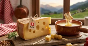 Fetta di formaggio Emmentaler AOP svizzero con buchi evidenti accanto a un pentolino di terracotta con fonduta filante su tavola in legno