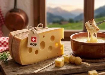 Fetta di formaggio Emmentaler AOP svizzero con buchi evidenti accanto a un pentolino di terracotta con fonduta filante su tavola in legno