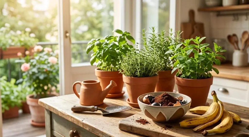 Riciclo creativo degli scarti della cucina per concimare le piante Un tavolo di legno in cucina con scarti alimentari come fondi di caffè, gusci d'uovo e bucce di banana accanto a piantine di erbe aromatiche in vaso sul balcone.