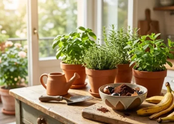 Un tavolo di legno in cucina con scarti alimentari come fondi di caffè, gusci d'uovo e bucce di banana accanto a piantine di erbe aromatiche in vaso sul balcone.