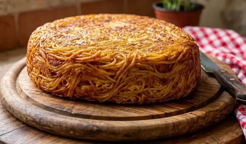 Ricetta della Frittata di Pasta Napoletana Frittata di pasta alta e dorata su un tagliere di legno rotondo, ricetta tipica napoletana con spaghetti.