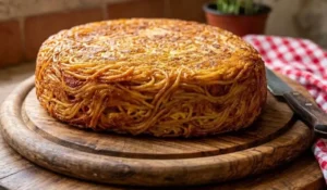 Frittata di pasta alta e dorata su un tagliere di legno rotondo, ricetta tipica napoletana con spaghetti.