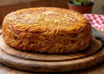 Frittata di pasta alta e dorata su un tagliere di legno rotondo, ricetta tipica napoletana con spaghetti.