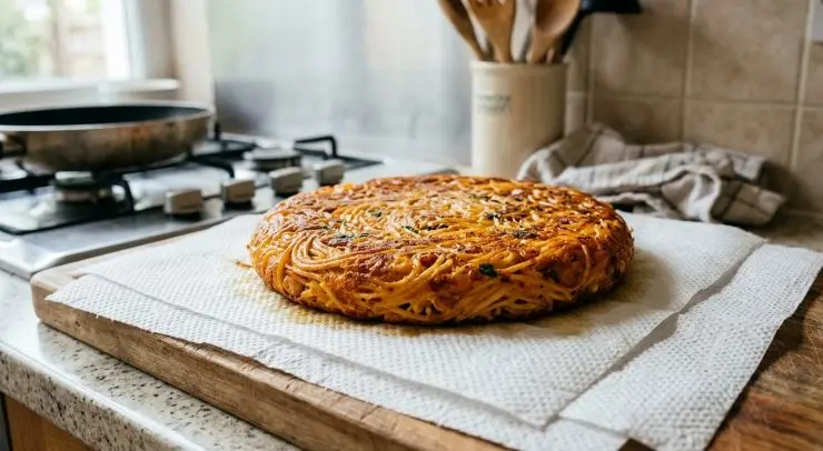 Appoggiate un piatto piano grande o un coperchio liscio sulla padella, capovolgetela con un movimento deciso e fate scivolare nuovamente la frittata nella padella dal lato non cotto. Proseguite la cottura senza coperchio per altri 5-7 minuti, finché anche l’altro lato sarà ben dorato e compatto. Sformatela su una carta assorbente e lasciatela riposare 5 minuti prima di affettarla, quindi gustatela!