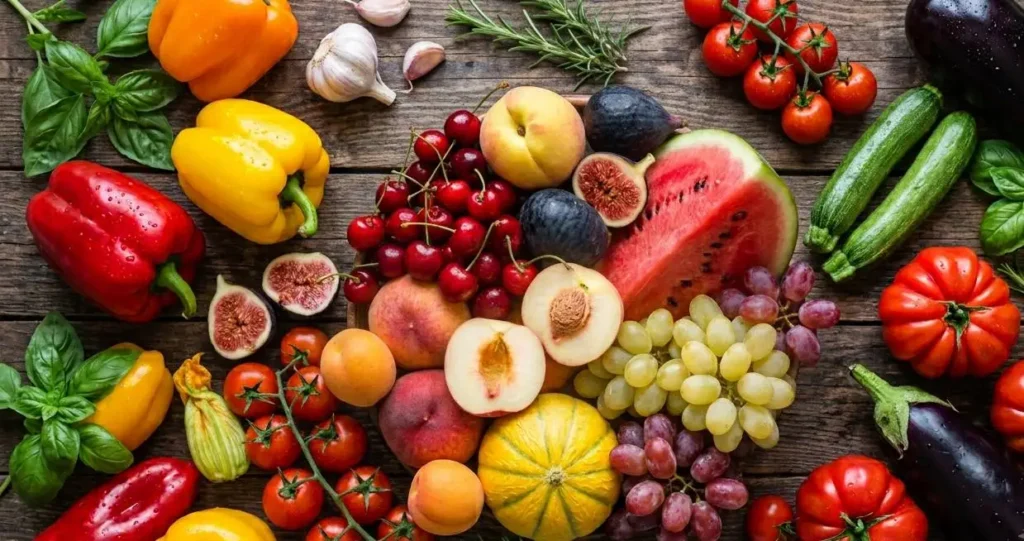 Composizione dall'alto di frutta e verdura estiva di stagione su un tavolo in legno scuro, con anguria, melone, pomodori e peperoni colorati.