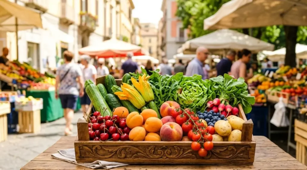 Spesa di giugno: frutta e verdura di stagione Cassetta in legno con frutta e verdura fresca di stagione di giugno su un tavolo, con sfondo sfocato di un mercato rionale italiano.