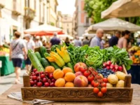 Cassetta in legno con frutta e verdura fresca di stagione di giugno su un tavolo, con sfondo sfocato di un mercato rionale italiano.