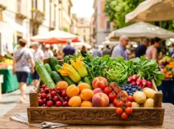Cassetta in legno con frutta e verdura fresca di stagione di giugno su un tavolo, con sfondo sfocato di un mercato rionale italiano.