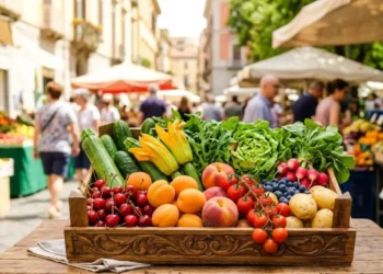 Cassetta in legno con frutta e verdura fresca di stagione di giugno su un tavolo, con sfondo sfocato di un mercato rionale italiano.