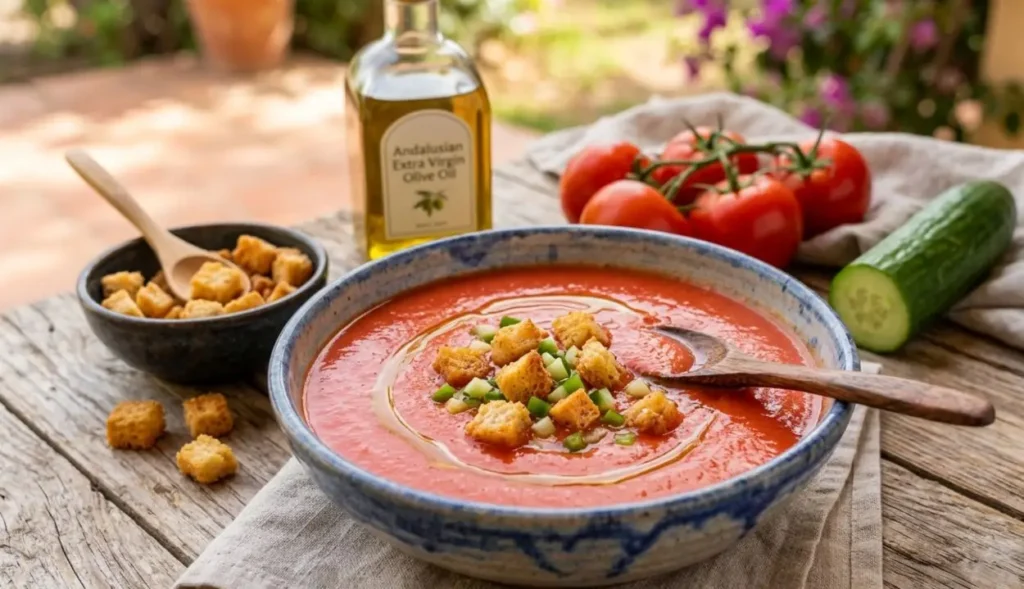 Gazpacho Andaluso Tradizionale Un piatto di gazpacho andaluso liscio e vellutato con crostini di pane, un filo d'olio d'oliva e pomodori freschi sullo sfondo.