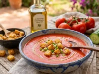 Un piatto di gazpacho andaluso liscio e vellutato con crostini di pane, un filo d'olio d'oliva e pomodori freschi sullo sfondo.