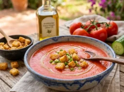Un piatto di gazpacho andaluso liscio e vellutato con crostini di pane, un filo d'olio d'oliva e pomodori freschi sullo sfondo.
