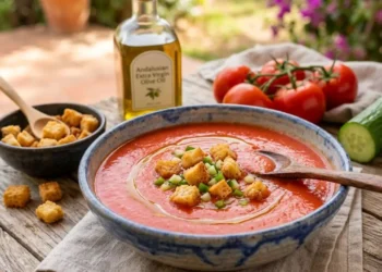 Gazpacho Andaluso Tradizionale Un piatto di gazpacho andaluso liscio e vellutato con crostini di pane, un filo d'olio d'oliva e pomodori freschi sullo sfondo.
