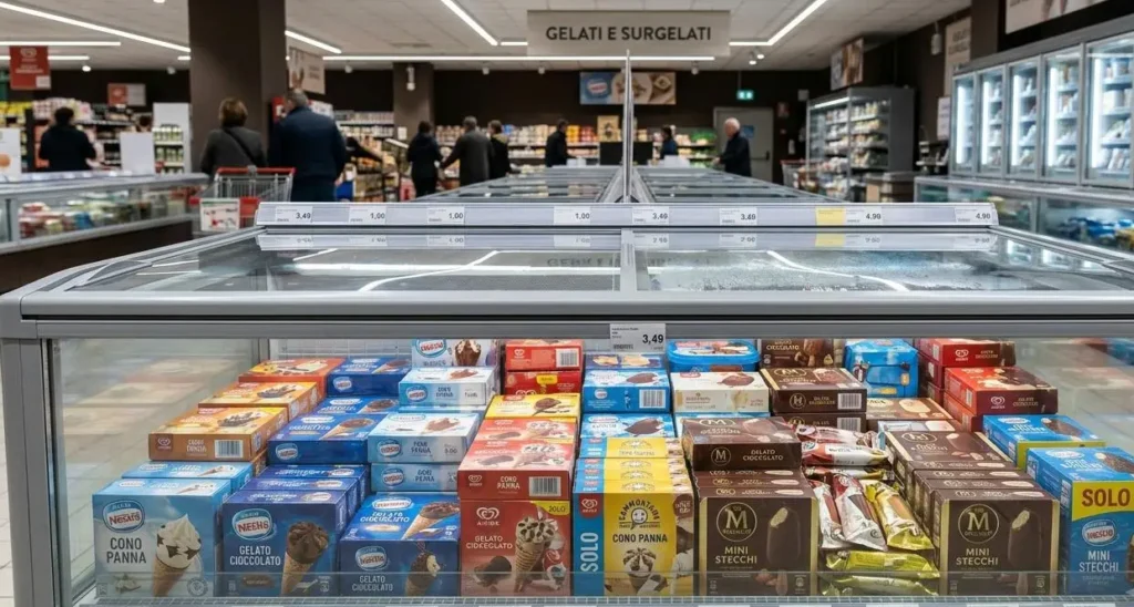 Reparto gelati confezionati al supermercato Banco frigo dei gelati confezionati in un supermercato italiano con cartellini dei prezzi sugli scaffali