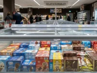 Banco frigo dei gelati confezionati in un supermercato italiano con cartellini dei prezzi sugli scaffali