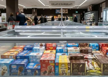 Banco frigo dei gelati confezionati in un supermercato italiano con cartellini dei prezzi sugli scaffali