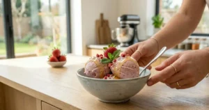 Gelato artigianale alle fragole fatto in casa con miele e menta Una ciotola in ceramica con palline di gelato artigianale alle fragole, guarnito con un filo di miele, fragole fresche e foglioline di menta, presentata sul bancone in legno di una cucina moderna.