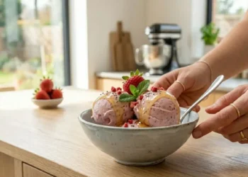 Una ciotola in ceramica con palline di gelato artigianale alle fragole, guarnito con un filo di miele, fragole fresche e foglioline di menta, presentata sul bancone in legno di una cucina moderna.