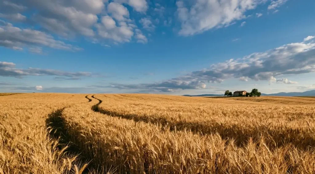 Un vasto campo di grano duro dorato sotto un cielo azzurro con nuvole, ideale come immagine per l'articolo sul glifosato nella pasta.