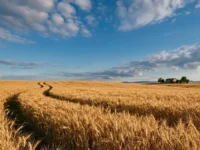 Un vasto campo di grano duro dorato sotto un cielo azzurro con nuvole, ideale come immagine per l'articolo sul glifosato nella pasta.