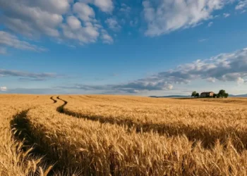 Grano duro per la produzione della pasta Un vasto campo di grano duro dorato sotto un cielo azzurro con nuvole, ideale come immagine per l'articolo sul glifosato nella pasta.