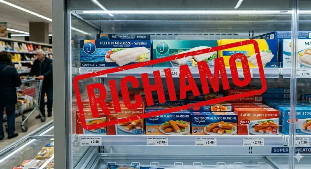 Confezioni di pesce surgelato e surimi nel freezer con cartello di allerta per richiamo lotti contaminati
