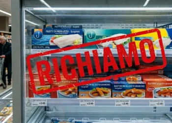 ichiamo-surimi-pesce-surgelato-allerta Confezioni di pesce surgelato e surimi nel freezer con cartello di allerta per richiamo lotti contaminati