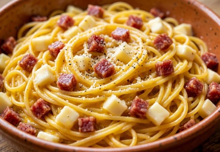 Se non usate pasta avanzata, cuocete gli spaghetti in abbondante acqua salata, scolateli molto al dente e lasciateli raffreddare completamente in una ciotola capiente con un filo d’olio per non farli attaccare. In una terrina a parte, sbattete energicamente le uova con il parmigiano ed il pecorino grattugiato, due cucchiai di latte, un pizzico di sale ed abbondante pepe nero. Tagliate la provola affumicata ed il salame a cubetti, unite la pasta fredda al composto di uova, mescolando bene.