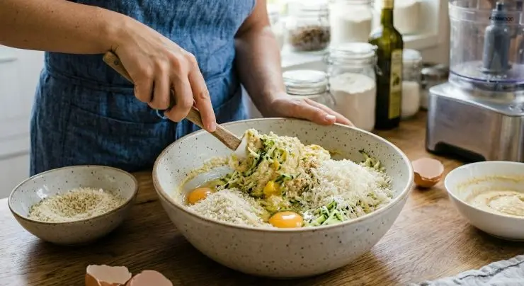 Trasferiteli in una ciotola insieme alle zucchine strizzate, all’uovo, al parmigiano, alle erbe aromatiche, sale, pepe e 4 cucchiai di pangrattato. Impastate con le mani fino a ottenere un composto sodo. Dividete l’impasto in 4 parti e formate i burger usando un coppapasta o semplicemente modellandoli con le mani. Passateli leggermente nel pangrattato, disponeteli su un piatto coperto da carta forno e metteteli nel congelatore per 15 minuti.
