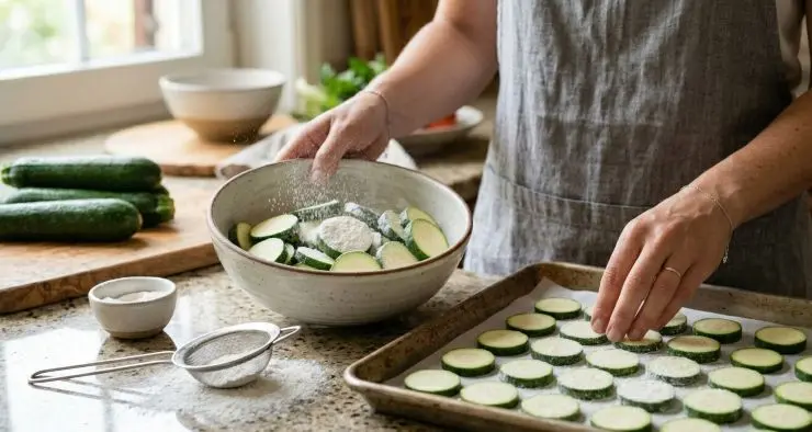 Spolverizzate con la farina di riso ed agitate la ciotola con le mani per distribuirla uniformemente. Eliminate la polvere in eccesso aiutandovi con un colino, quindi disponete le zucchine sulla teglia in un unico strato, evitando di sovrapporle per permettere una cottura uniforme. Irroratele con due cucchiai di olio extravergine d’oliva e cuocete per 15-18 minuti, girandole a metà cottura, finché appariranno dorate.