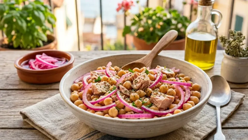 Insalata estiva di ceci e tonno con cipolla marinata Insalata fredda di ceci, tonno e cipolla rossa di Tropea in una ciotola di ceramica su tavolo in legno