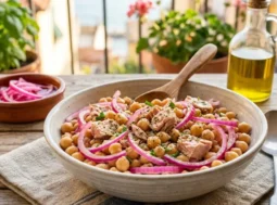 Insalata estiva di ceci e tonno con cipolla marinata Insalata fredda di ceci, tonno e cipolla rossa di Tropea in una ciotola di ceramica su tavolo in legno