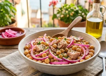Insalata fredda di ceci, tonno e cipolla rossa di Tropea in una ciotola di ceramica su tavolo in legno