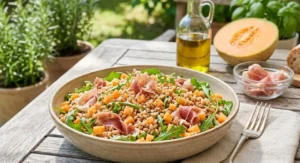 Un'insalata di farro fredda servita in una ciotola con cubetti di melone, rucola fresca e straccetti di prosciutto crudo su un tavolo di legno all'aperto.