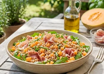 Insalata di Farro Prosciutto e Melone Un'insalata di farro fredda servita in una ciotola con cubetti di melone, rucola fresca e straccetti di prosciutto crudo su un tavolo di legno all'aperto.