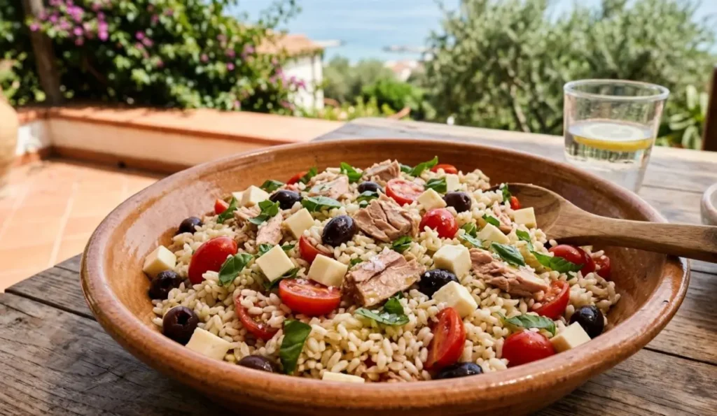 Insalata di riso mediterranea sgranata con filetti di tonno, pomodorini, olive nere e cubetti di primosale, servita in una ciotola di terracotta su un tavolo di legno all'aperto.