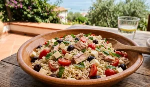 Insalata di riso mediterranea con tonno e primosale Insalata di riso mediterranea sgranata con filetti di tonno, pomodorini, olive nere e cubetti di primosale, servita in una ciotola di terracotta su un tavolo di legno all'aperto.
