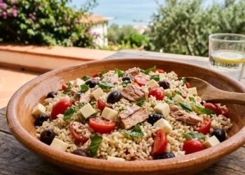 Insalata di riso mediterranea sgranata con filetti di tonno, pomodorini, olive nere e cubetti di primosale, servita in una ciotola di terracotta su un tavolo di legno all'aperto.