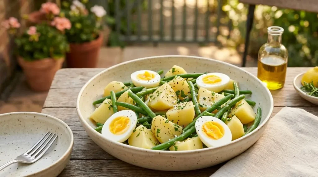 insalata-patate-fagiolini-uova-sode Insalata di patate, fagiolini croccanti e uova sode a spicchi condita con prezzemolo e olio in una ciotola di ceramica su un tavolo di legno.