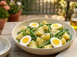 insalata-patate-fagiolini-uova-sode Insalata di patate, fagiolini croccanti e uova sode a spicchi condita con prezzemolo e olio in una ciotola di ceramica su un tavolo di legno.